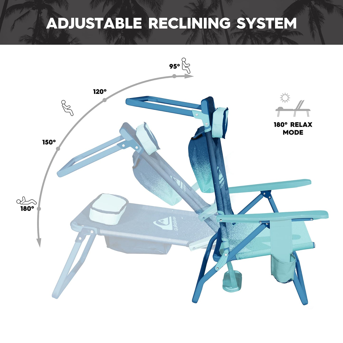 Quiksilver Beach Chair – Lightweight Folding Chair with Adjustable Recline and Cup Holder – Portable and Durable Chairs for Beach, Camping Chair, or Concerts in The Park