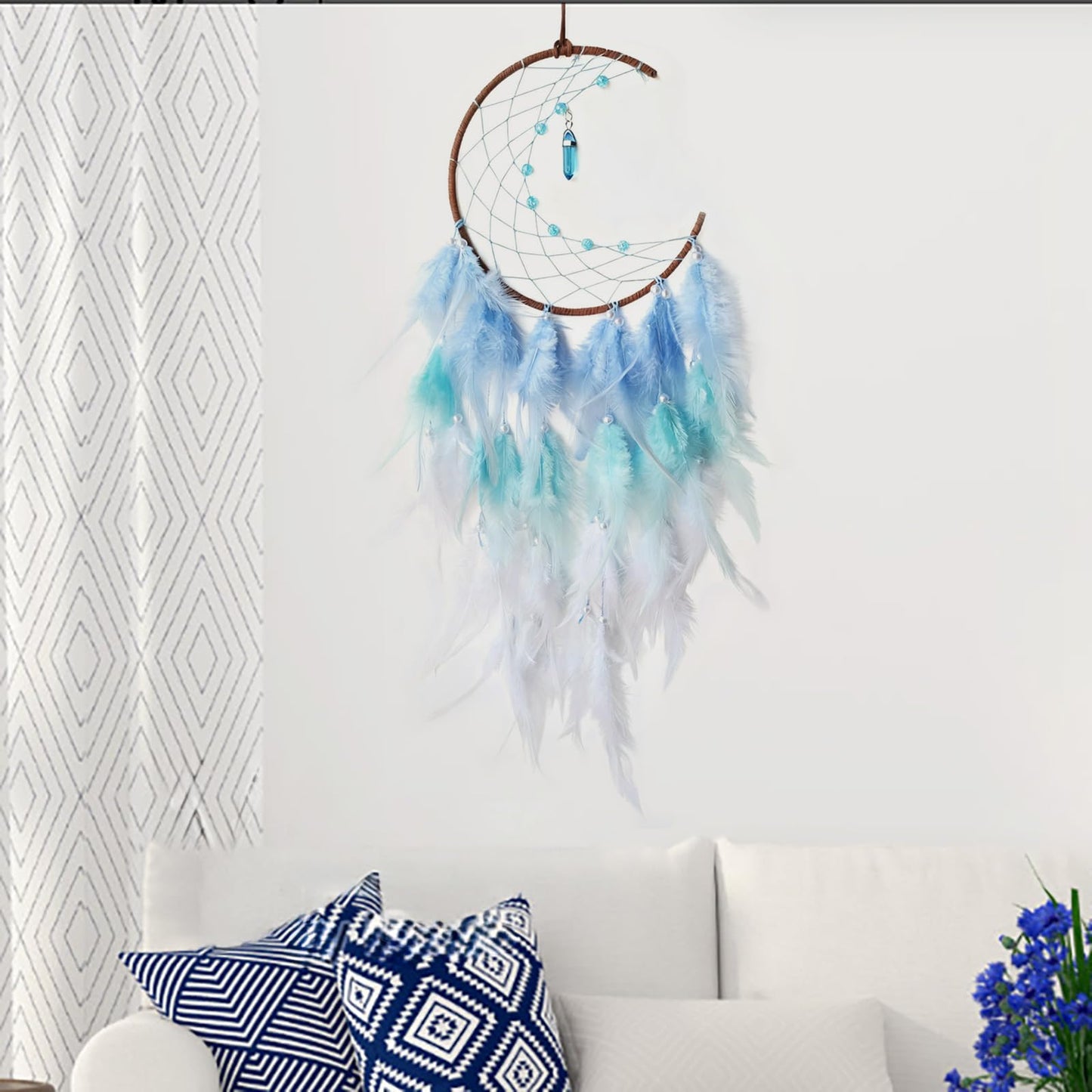 SOYUZU Blue Moon Dream Catcher Wall Decor Feather Dream Catchers with Pendant Handmade Dreamcatcher Wall Hanging Ornament for Bedroom Living Room Home Decor