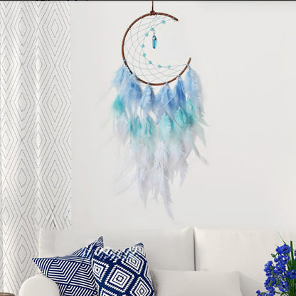 SOYUZU Blue Moon Dream Catcher Wall Decor Feather Dream Catchers with Pendant Handmade Dreamcatcher Wall Hanging Ornament for Bedroom Living Room Home Decor