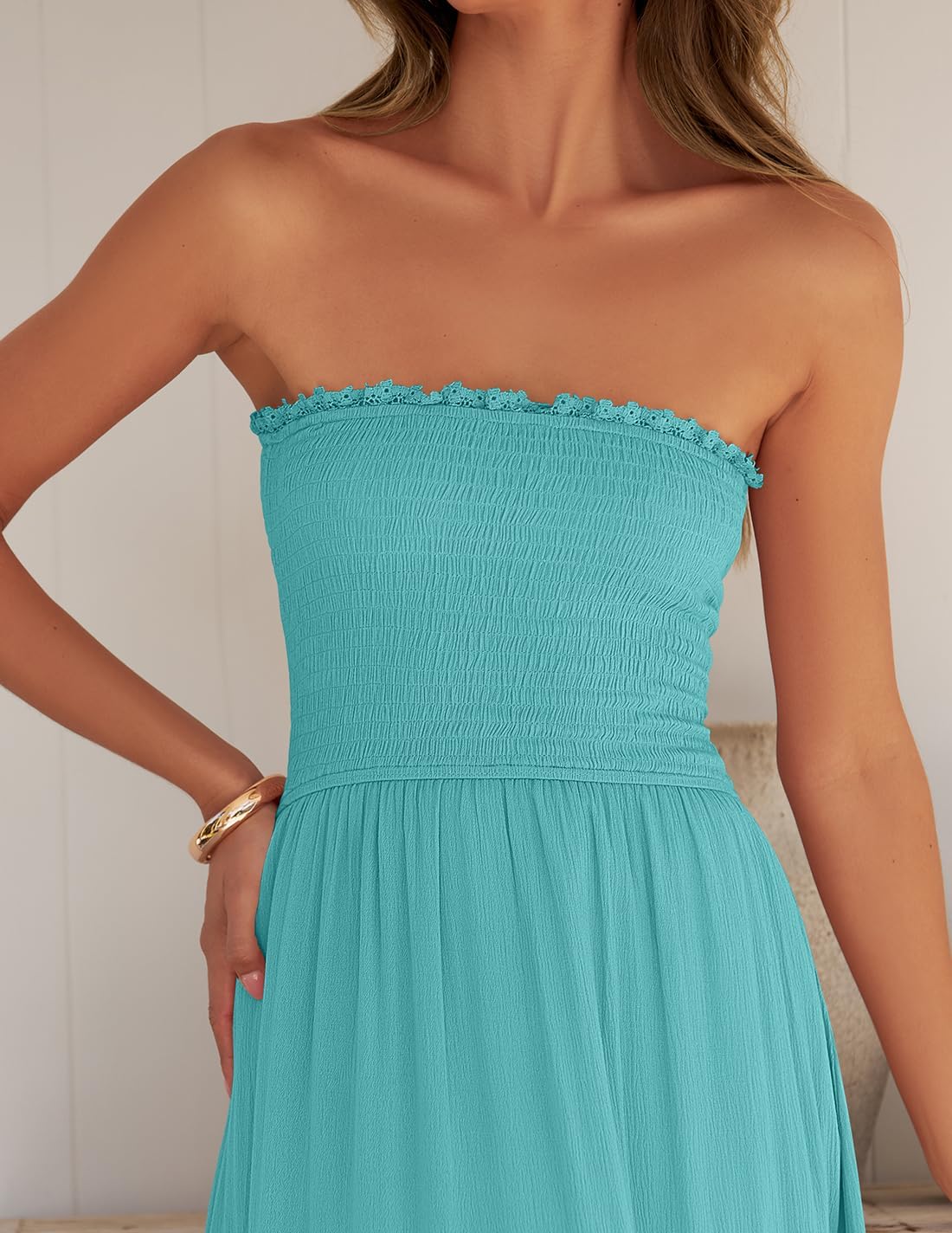 ZESICA Women's 2025 Summer Bohemian Strapless Off Shoulder Lace Trim Backless Flowy A Line Beach Long Maxi Dress,Aqua,Large