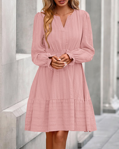 BTFBM Mini Dresses for Women 2026 Casual Lightweight Long Sleeve V Neck A Line Elastic Waist Party Holiday Dress(Pink, XX-Large)
