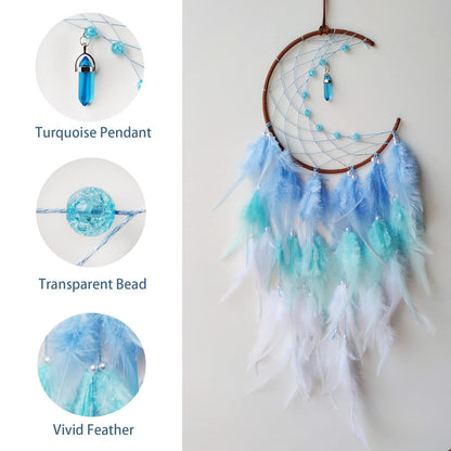 SOYUZU Blue Moon Dream Catcher Wall Decor Feather Dream Catchers with Pendant Handmade Dreamcatcher Wall Hanging Ornament for Bedroom Living Room Home Decor