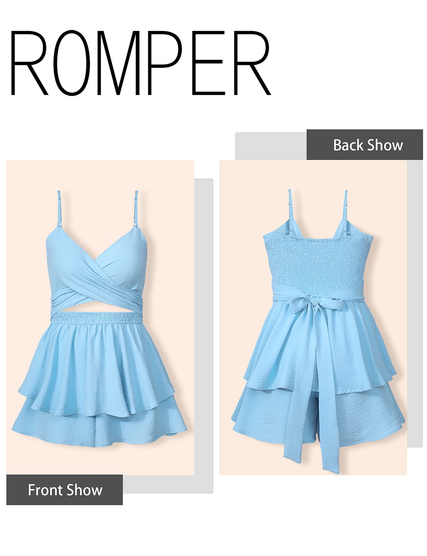 AGERWAY Rompers For Women 2026 Dressy Summer Sexy V Neck Twist Ruffle Blue Romper Dress Mini Short Jumpsuit XS