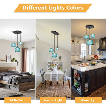 KCO Lighting Modern 3-Light Blue Striped Glass Pendant Light Fixture Nordic Glass Ball Cluster Chandelier Vintage Large Globe Pendant Lighting Mid-Century Black Island Light for Kitchen