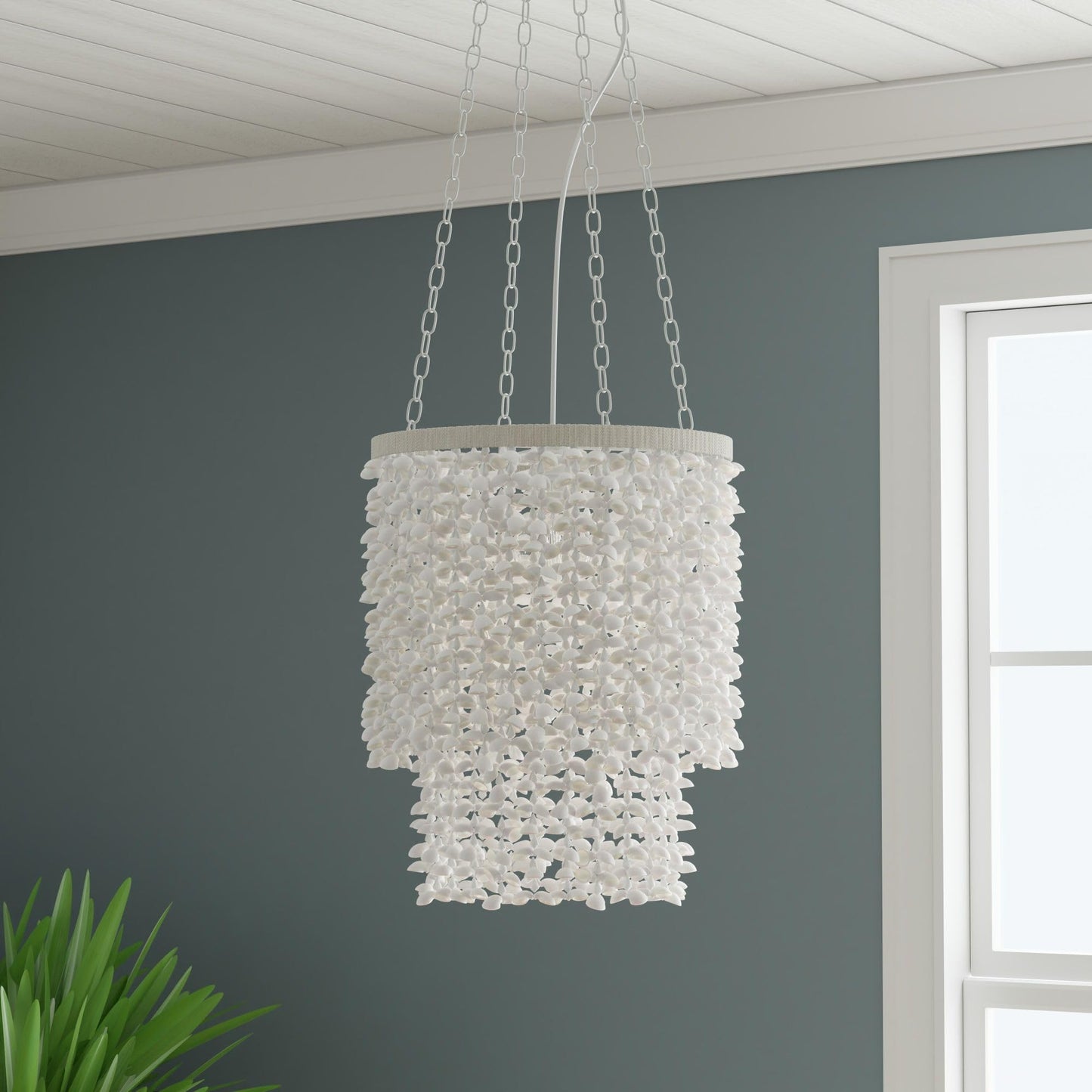 KOUBOO Clamrose Seashell Chandelier | Elegant Coastal Chandeliers for Dining Room, Living Room, Bedroom | Modern Hanging Light Fixture | Unique Pendant Light with Seashell Curtain, White