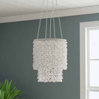 KOUBOO Clamrose Seashell Chandelier | Elegant Coastal Chandeliers for Dining Room, Living Room, Bedroom | Modern Hanging Light Fixture | Unique Pendant Light with Seashell Curtain, White