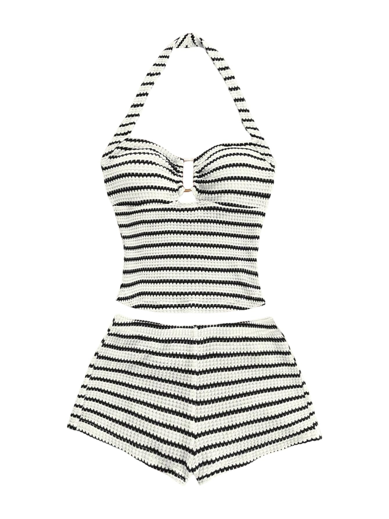 MakeMeChic Women's Summer 2 Piece Sets Striped Halter Tank Tops Mini Shorts Set Beach Vacation Outfits Black White Medium