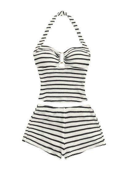 MakeMeChic Women's Summer 2 Piece Sets Striped Halter Tank Tops Mini Shorts Set Beach Vacation Outfits Black White Medium