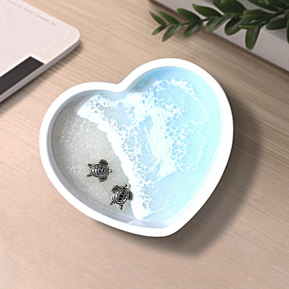 Handmade Resin Ring Dish, Heart Shaped Ocean Trinket Dish with Sea Turtle and Beach Design, Coastal Decor Jewelry Holder for Rings Earrings, Engagement Gifts for Couples & Birthday Gifts for Women