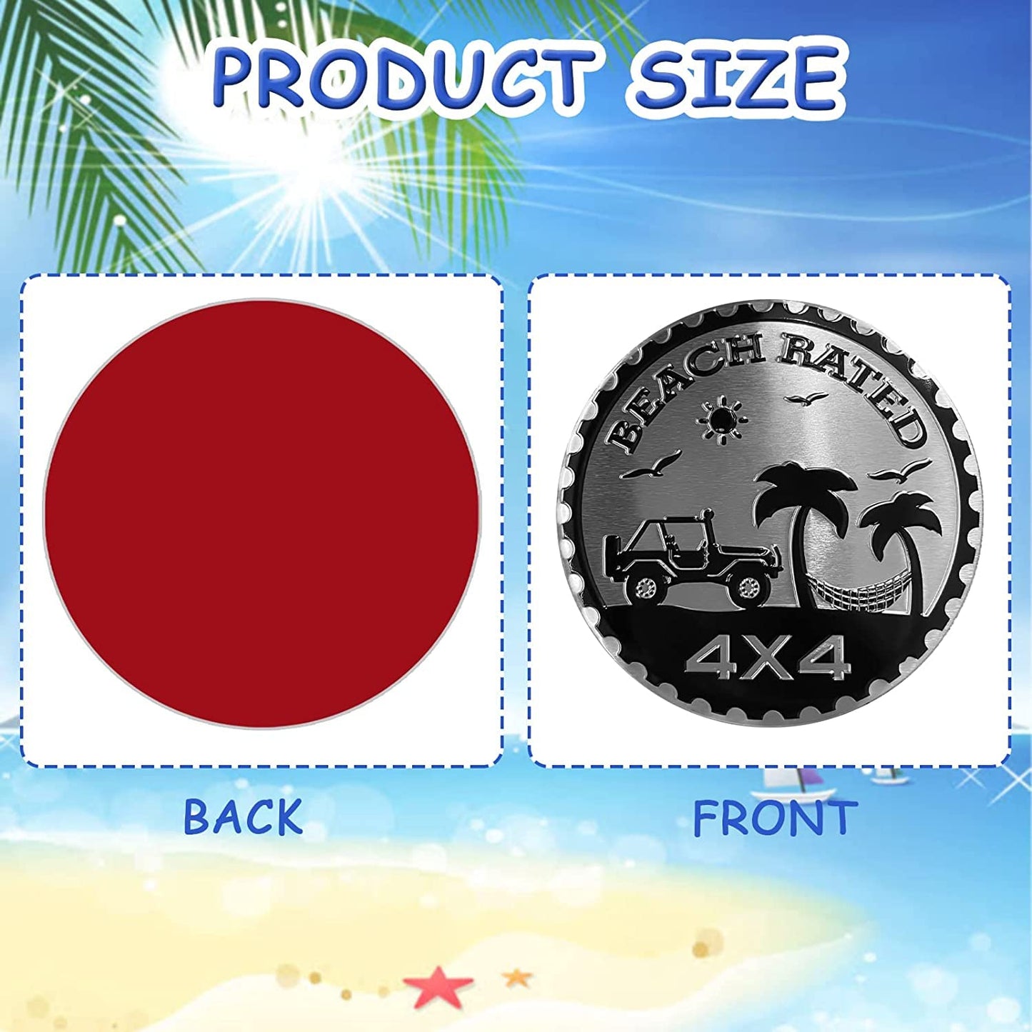 Beach Badge Rated Car Emblem, 4 x 4 Metal Automotive Badge 3D Metal Car Badges Emblems Round Emblem Decals Badge Decals Stickers Compatible with Jeep Wrangler Vehicles Trucks SUV