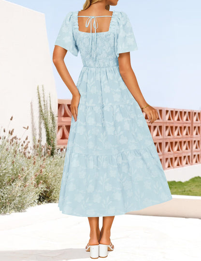 ZESICA Women‘s Summer Boho Floral Midi Dress 2026 Casual Short Sleeve Square Neck Flowy Beach Vacation Long Dress,Blue,X-Large