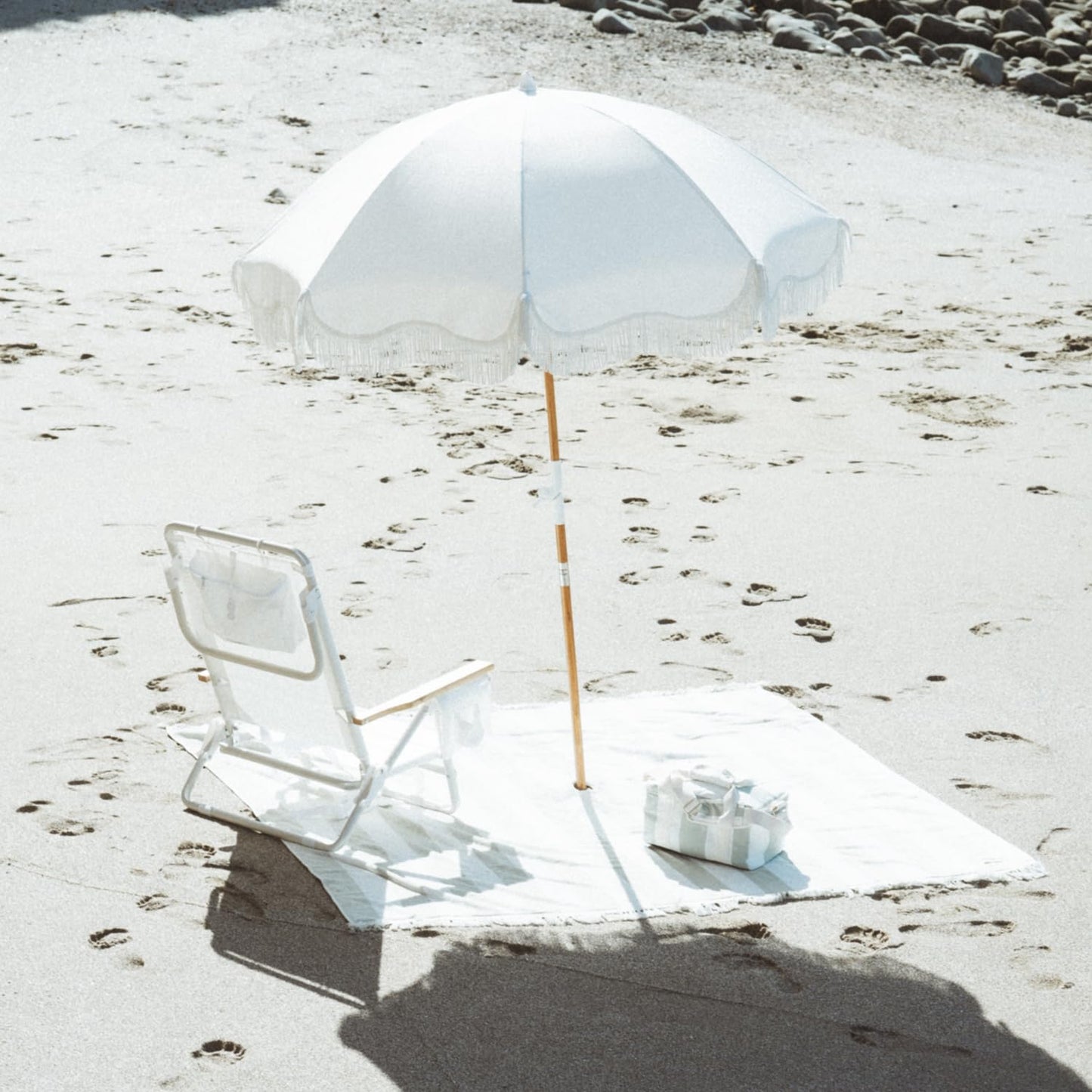 Business & Pleasure Co. Holiday Umbrella - Boho Beach Umbrella with White Fringe, UPF 50+, 1" Tilting Wood Pole, 5’ x 6.5’, Antique White