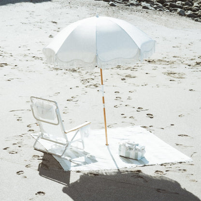 Business & Pleasure Co. Holiday Umbrella - Boho Beach Umbrella with White Fringe, UPF 50+, 1" Tilting Wood Pole, 5’ x 6.5’, Antique White