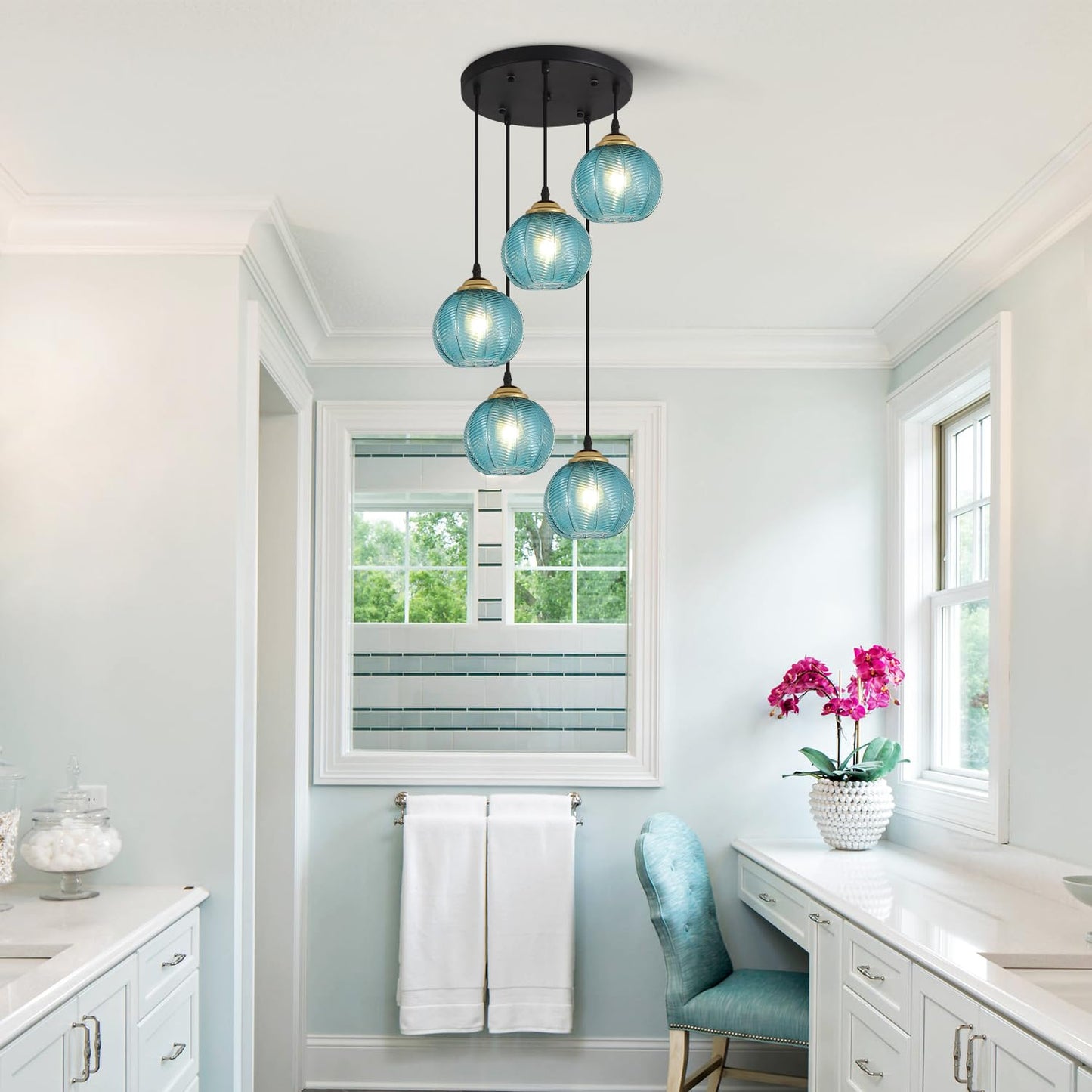 KCO Lighting Modern Blue Glass Chandelier Globe Cluster Pendant Light Black and Gold Kitchen Pendant Lighting Nordic Ribbed Glass Pendant Light Large Round Chandelier