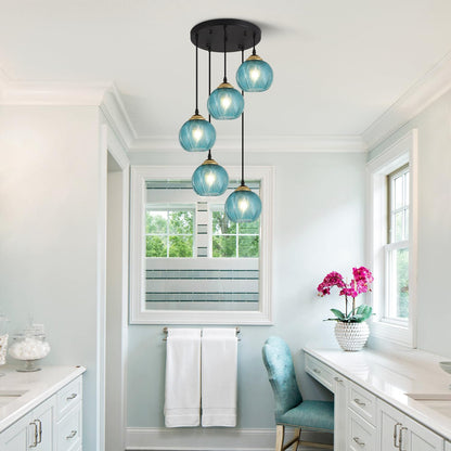 KCO Lighting Modern Blue Glass Chandelier Globe Cluster Pendant Light Black and Gold Kitchen Pendant Lighting Nordic Ribbed Glass Pendant Light Large Round Chandelier