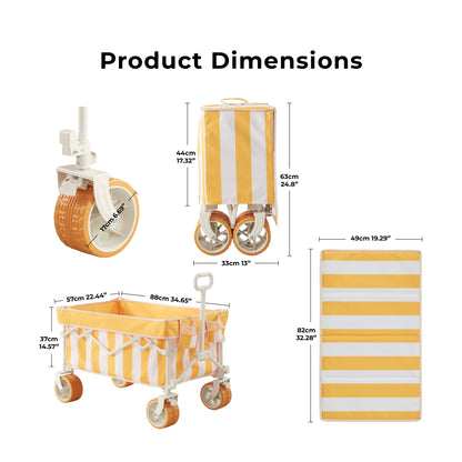 DEER LAND Beach Wagon Cart with Big 6.7" Fat Tires, Foldable Sand Wagon for Beach, Camping & Outdoor Use – Large Capacity, Easy Pull Design, Cala Serena Ochre Stripe