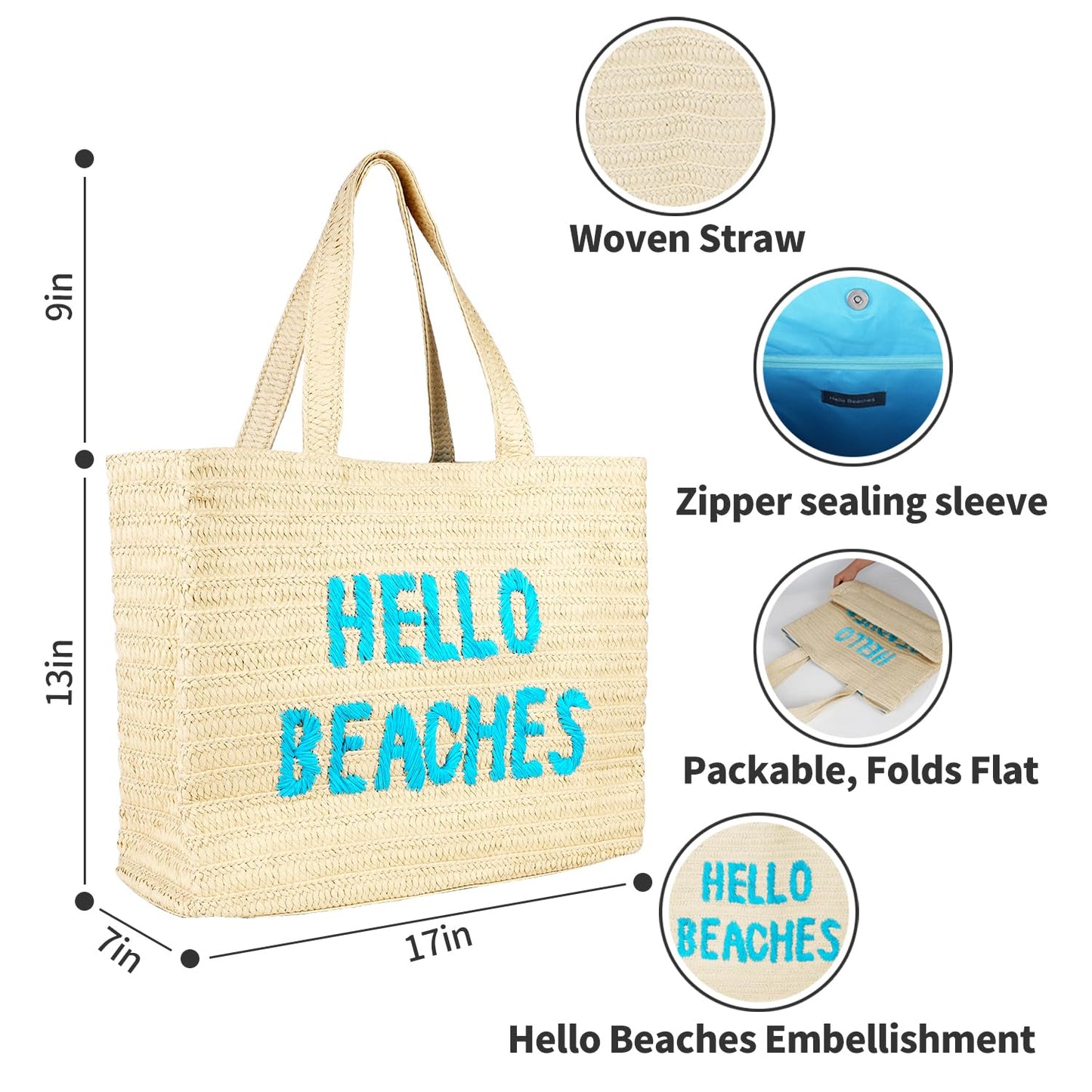 Hello Beaches: beach bags for women vacation. A packable straw bag that folds flat. A large tote bag are beach essentials. Use as a travel beach bag. Take this Beach Tote Bag on Vacation
