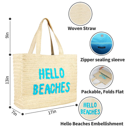 Hello Beaches: beach bags for women vacation. A packable straw bag that folds flat. A large tote bag are beach essentials. Use as a travel beach bag. Take this Beach Tote Bag on Vacation