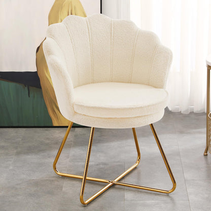 Furnimart Vanity Chair with Back, Shell Accent Chair for Living Room, Criss Cross Chair with Gold Legs, Makeup Chair for Bedroom Desk Chair no Wheels, Faux Fur White
