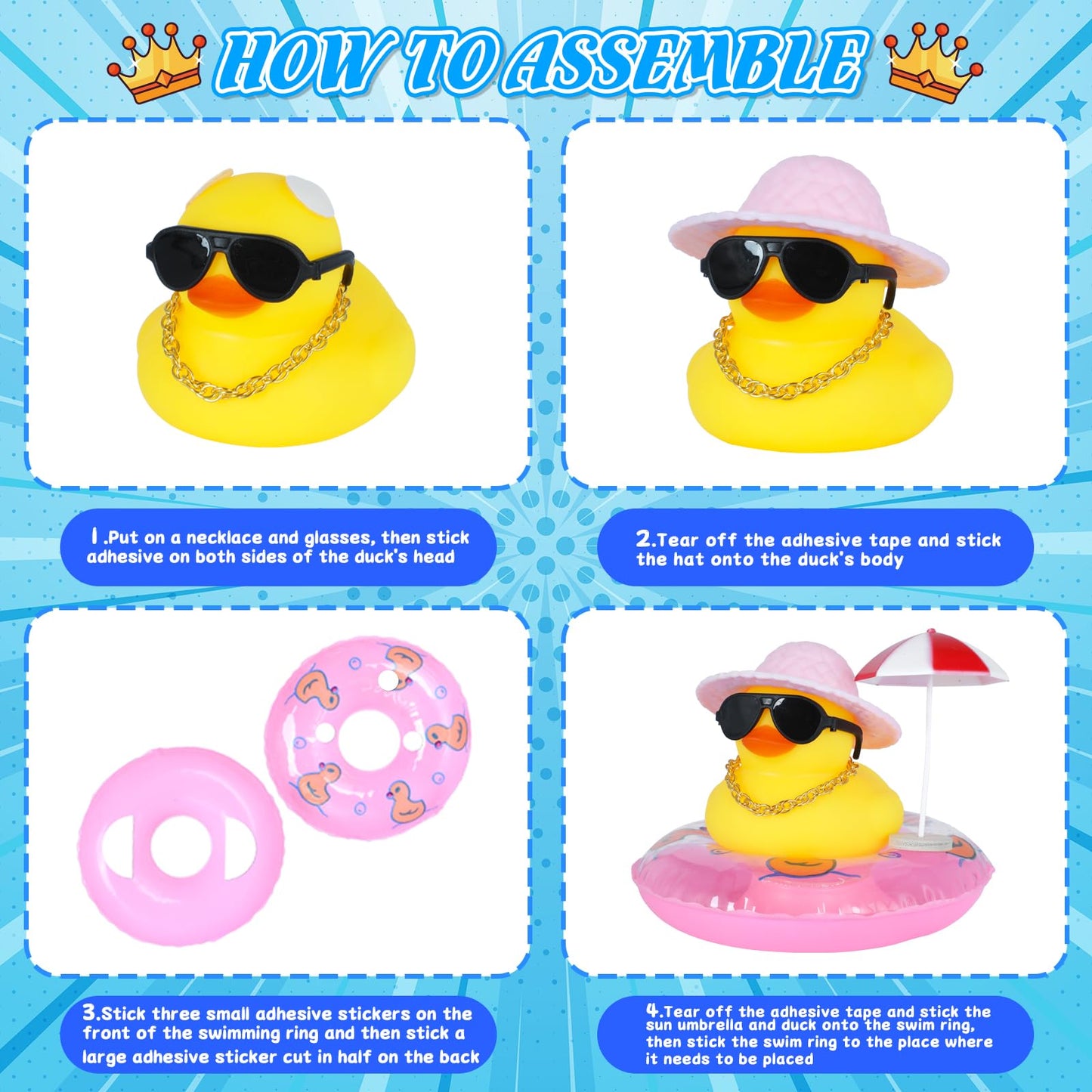 Rubber Duck Car Decorations with Pink Sun Hat, Umbrella & Sunglasses, Funny Dashboard Accessories for Cars, DIY Cute Duck Ornaments with Squeak Sound