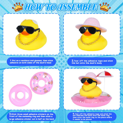 Rubber Duck Car Decorations with Pink Sun Hat, Umbrella & Sunglasses, Funny Dashboard Accessories for Cars, DIY Cute Duck Ornaments with Squeak Sound