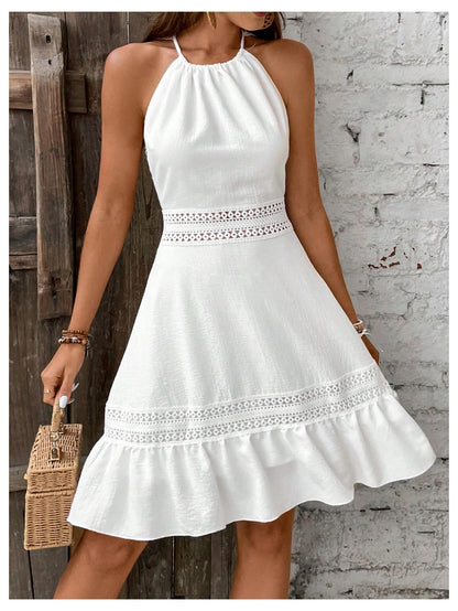 Floerns Women's Contrast Lace Sleeveless Halter Dress Backless Vacation A Line Dress White Large