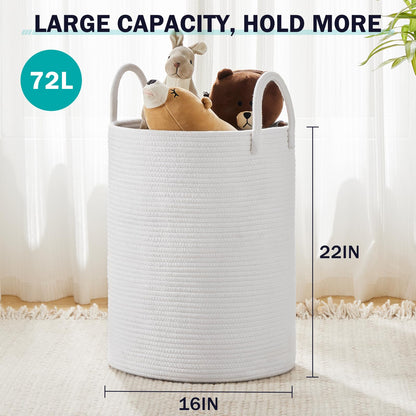 Woven Rope Laundry Hamper Basket by YOUDENOVA, 72L Tall Luandry Basket, Baby Nursery Hamper for Blanket Storage in Bedroom-Large-Pure White