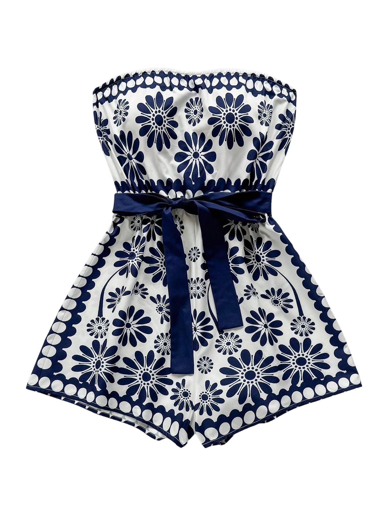 SweatyRocks Women's Summer Boho Strapless Romper Floral Sleeveless Short Jumpsuits Beach Vacation Clothes Dark Blue Medium