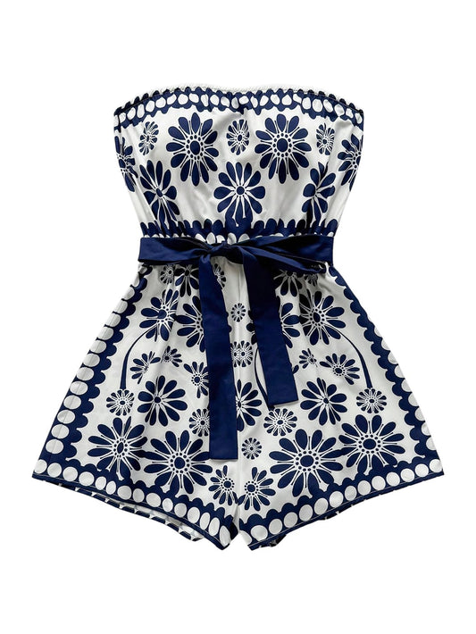 SweatyRocks Women's Summer Boho Strapless Romper Floral Sleeveless Short Jumpsuits Beach Vacation Clothes Dark Blue Medium