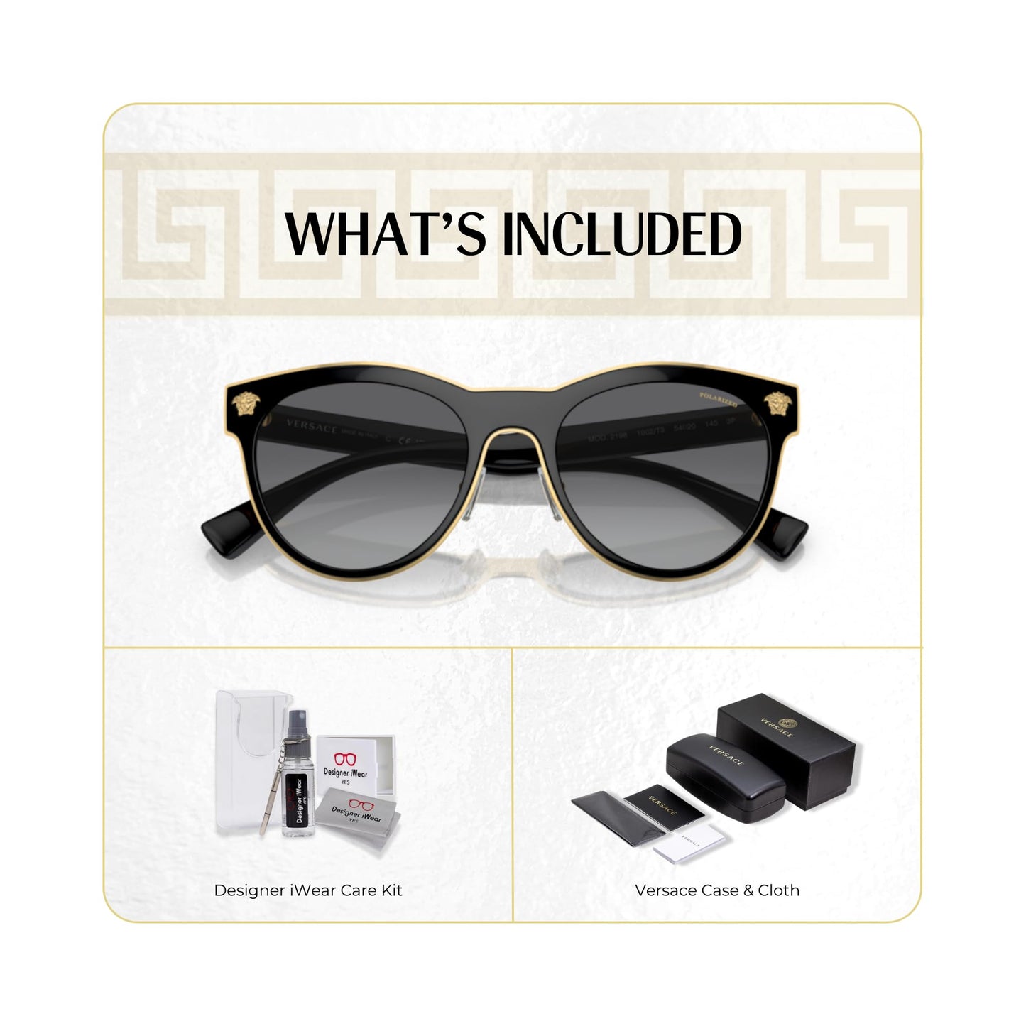 Versace VE2198 MEDUSA CHARM 1002T3 54MM Black/Light Grey Gradient Grey Polarized Round Sunglasses For Women +BUNDLE with ACCESSORY EYEWEAR KIT