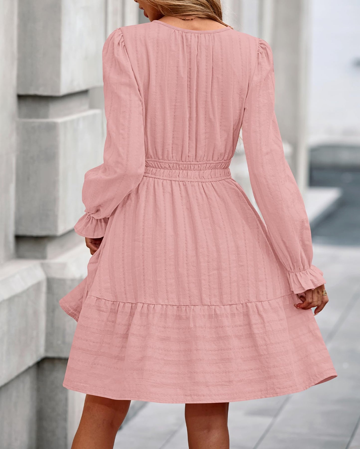 BTFBM Mini Dresses for Women 2026 Casual Lightweight Long Sleeve V Neck A Line Elastic Waist Party Holiday Dress(Pink, XX-Large)