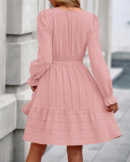 BTFBM Mini Dresses for Women 2026 Casual Lightweight Long Sleeve V Neck A Line Elastic Waist Party Holiday Dress(Pink, XX-Large)
