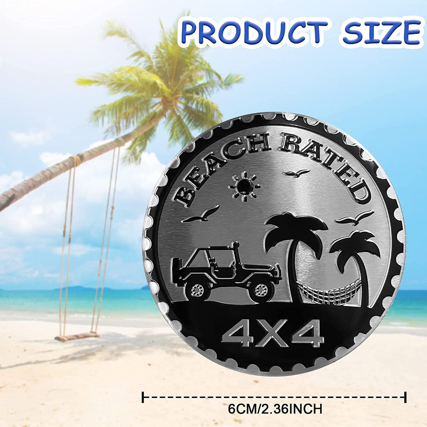 Beach Badge Rated Car Emblem, 4 x 4 Metal Automotive Badge 3D Metal Car Badges Emblems Round Emblem Decals Badge Decals Stickers Compatible with Jeep Wrangler Vehicles Trucks SUV