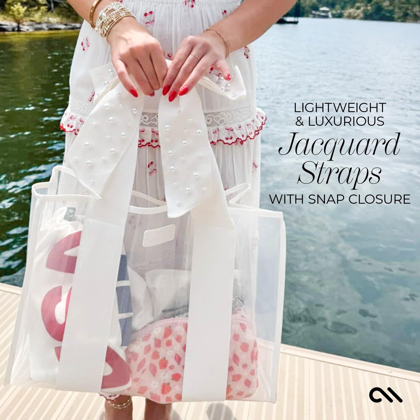 Case-Mate Ivory Pearl Bow Beach Tote - Lightweight Beach Bag with Phone Pouch for Women - Waterproof, Tip-Proof, Foldable & Washable - Tote Bag for Pool, Travel and Vacation - Large