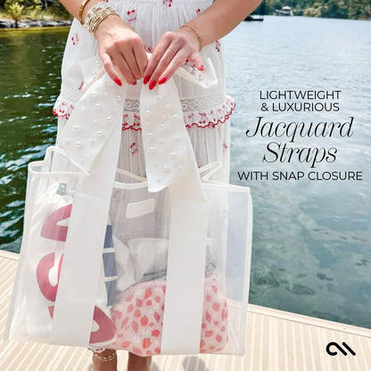 Case-Mate Ivory Pearl Bow Beach Tote - Lightweight Beach Bag with Phone Pouch for Women - Waterproof, Tip-Proof, Foldable & Washable - Tote Bag for Pool, Travel and Vacation - Large