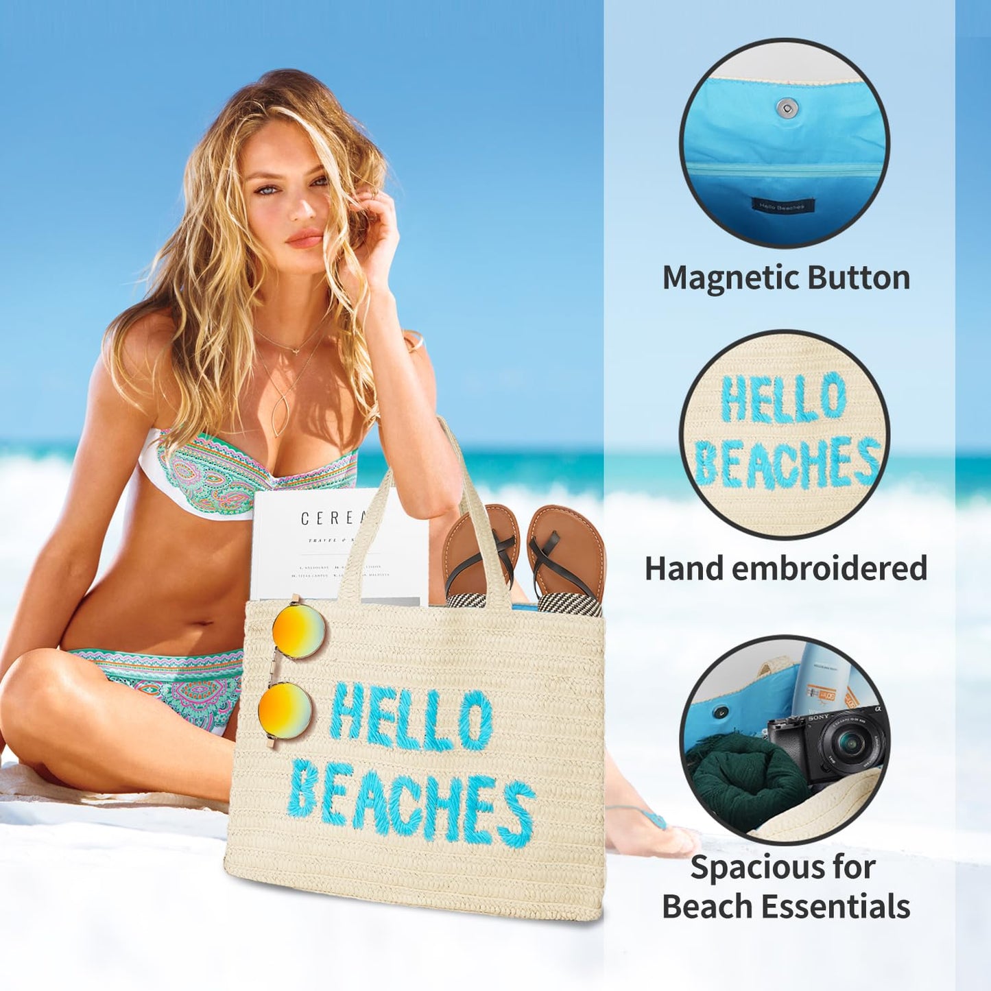 Hello Beaches: beach bags for women vacation. A packable straw bag that folds flat. A large tote bag are beach essentials. Use as a travel beach bag. Take this Beach Tote Bag on Vacation