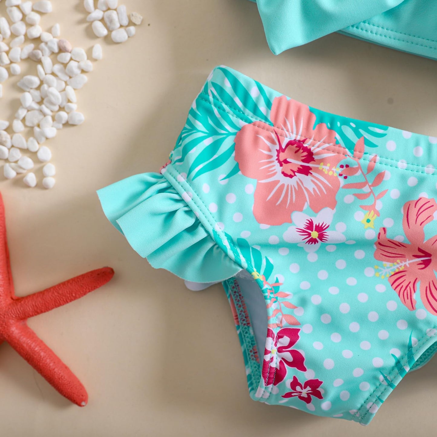 Aimaopao Baby Girls Swimsuit Infant Toddler Girl Bathing Suit Bikini Two Piece Swimwear with Hat (Blue Floral, 6-12 Months)