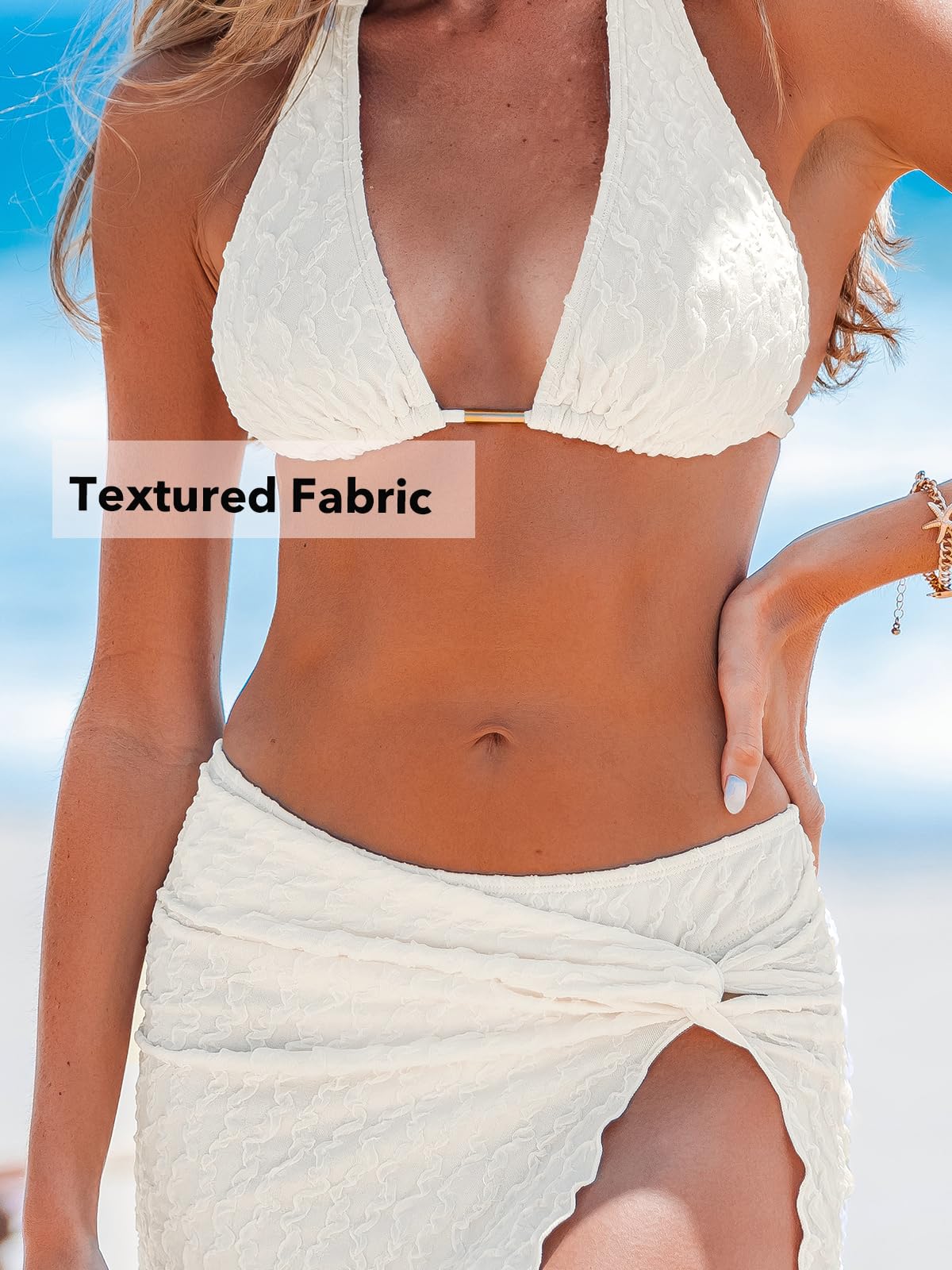 CUPSHE Women's Bikini Sets Three Piece Swimsuit V Neck Textured Halter Back Self Tie Twist Sarong Low Rise, L Beige