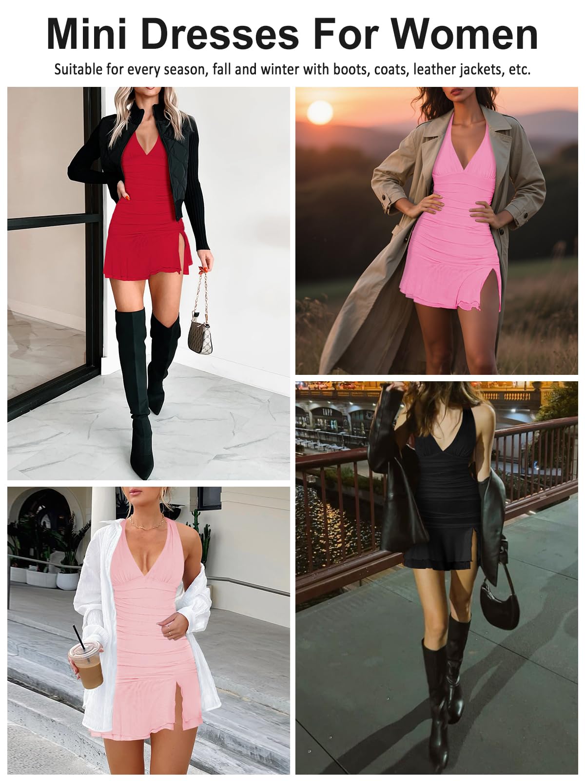 MIYIEONZ Women Sexy Halter Deep V Neck Ruched Bodycon Dress Summer Side Slit Mesh Hem Cocktail Club Party Going Out Large Black Short Mini Dresses