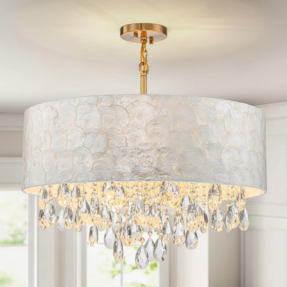 LumFurn 6-Light Drum Capiz Shell Crystal Chandeliers, Coastal Style Pendant Light Fixture for Dining Room, Living Room, D24 x H23~71 inch(Adjustable), Shell Lampshade & Gold Finish