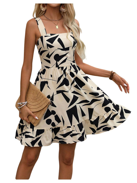 SweatyRocks Women's A Line Ruffle Beach Dress V Neck Sleeveless Tie Back Geometric Print Summer Dresses Multicolor L