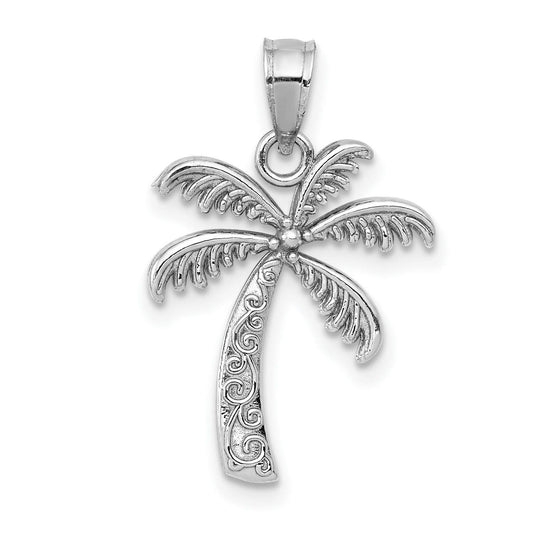 14k White Gold Palm Tree Pendant for Women with Scroll Detail, Tropical Beach Charm Necklace, Paradise Symbol Jewelry, Island Life Vacation Accessory, Coastal Nature Inspired Gold Pendant