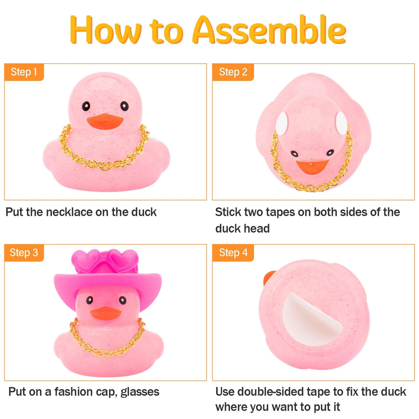 wonuu Car Rubber Ducks Light Pink Cowboy Hat, Dashboard Decorations Sparkling Duck for Car Ornament Accessories with Cap Heart Glasses Chain (Light Pink White)