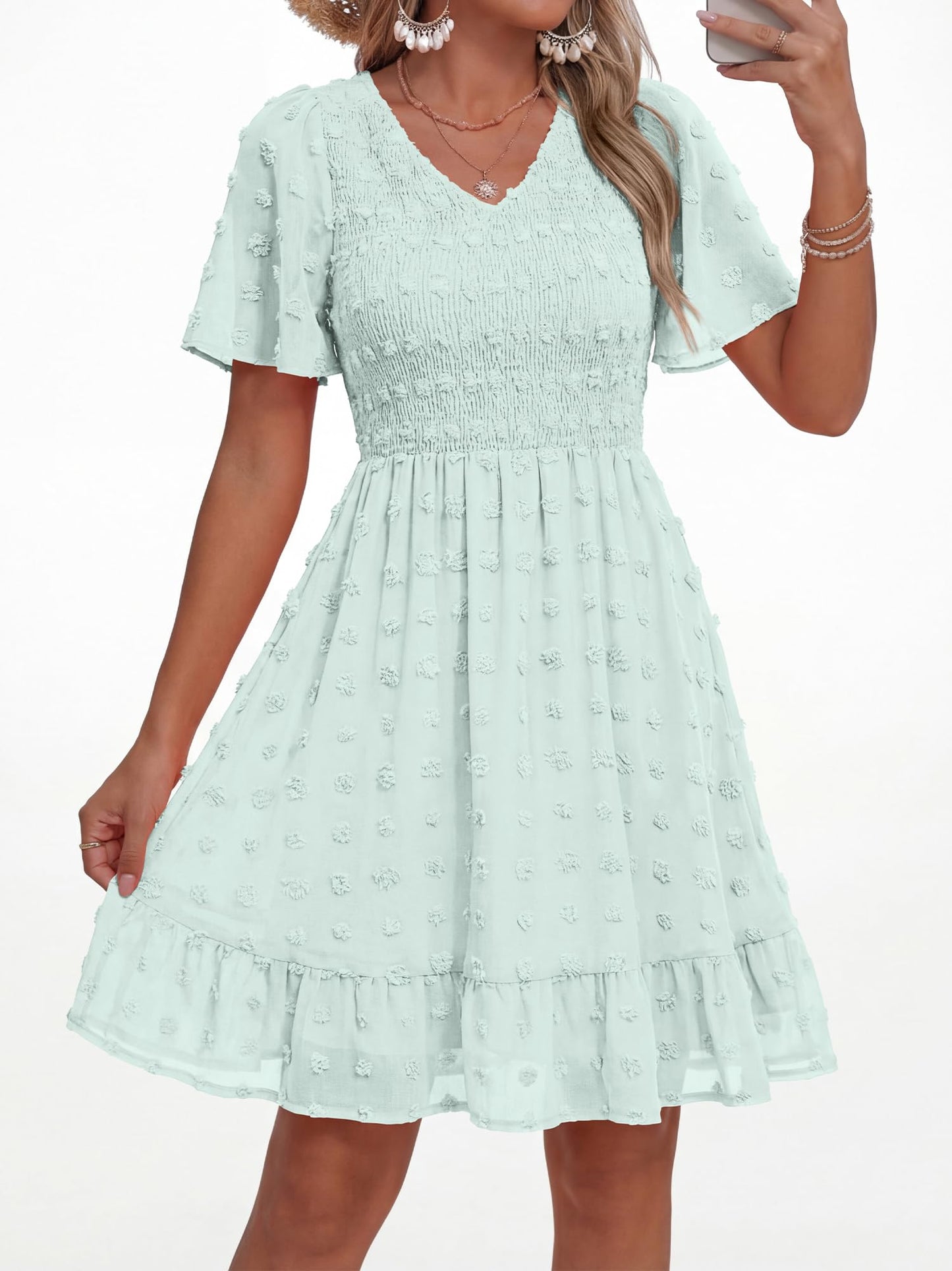 BTFBM Womens Beach Vacation Dress Summer 2026 V Neck Short Sleeve Smocked Swiss Dot Ruffle Casual Spring Mini Dresses(Light Green, XX-Large)
