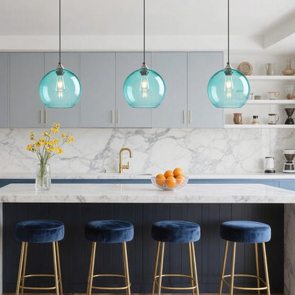 LBSQJ Light Blue Glass Pendant Lights Kitchen Island Globe Pendant Light Fixtures Modern Pendant Lighting for Bedroom Living Dining Room Light Fixture (9.84 in, 1 Pack)