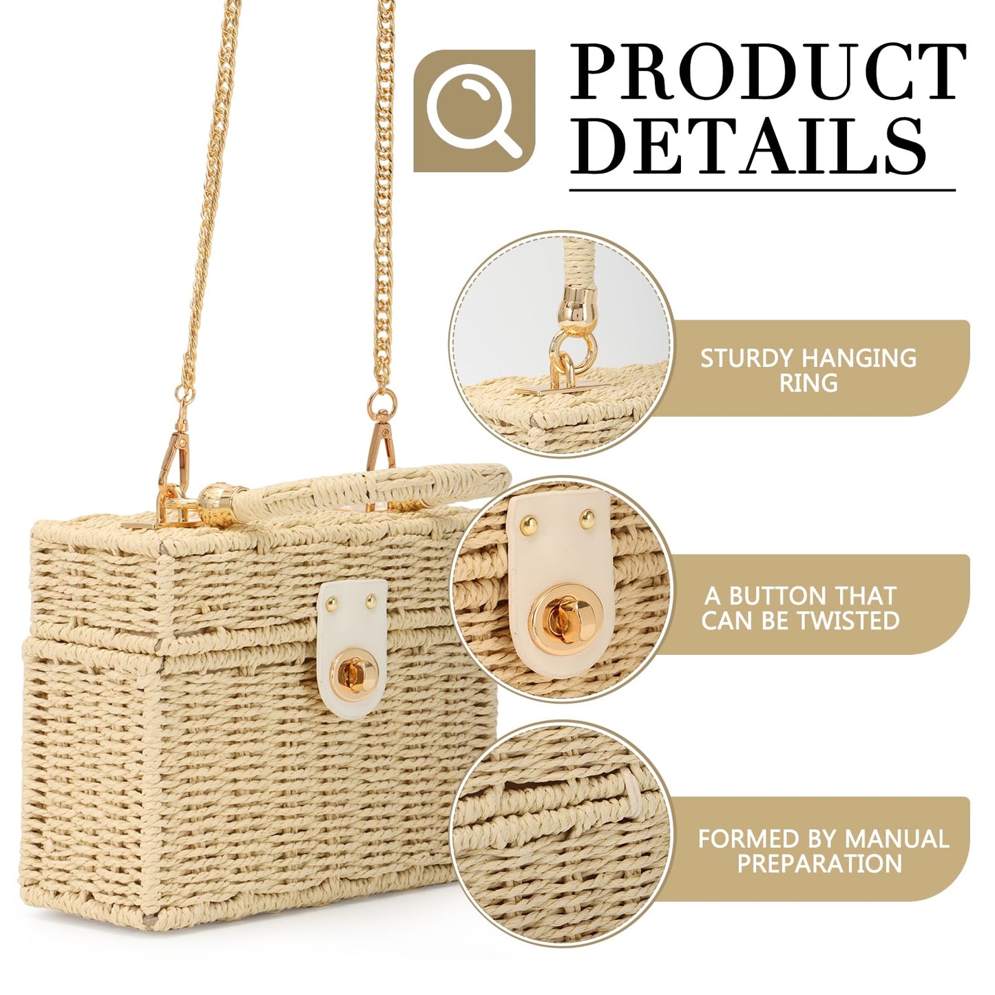 Fecialy Women Handwoven Rattan Handbag Beach Straw Tote Bag Square Boho Crossbody Bag,Beige