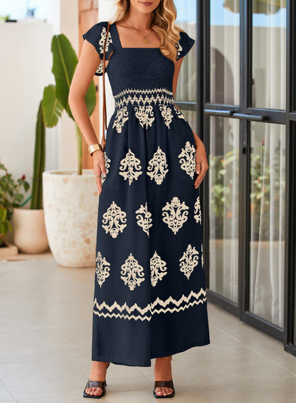 Happy Sailed Women's Jumpsuits Summer Square Neck Floral Printed Boho Jumpsuit Wide Leg Long Pants Rompers for Women Dressy Casual Overalls Beach Fashion Cruise Outfits for Women 2026 Dark Blue L
