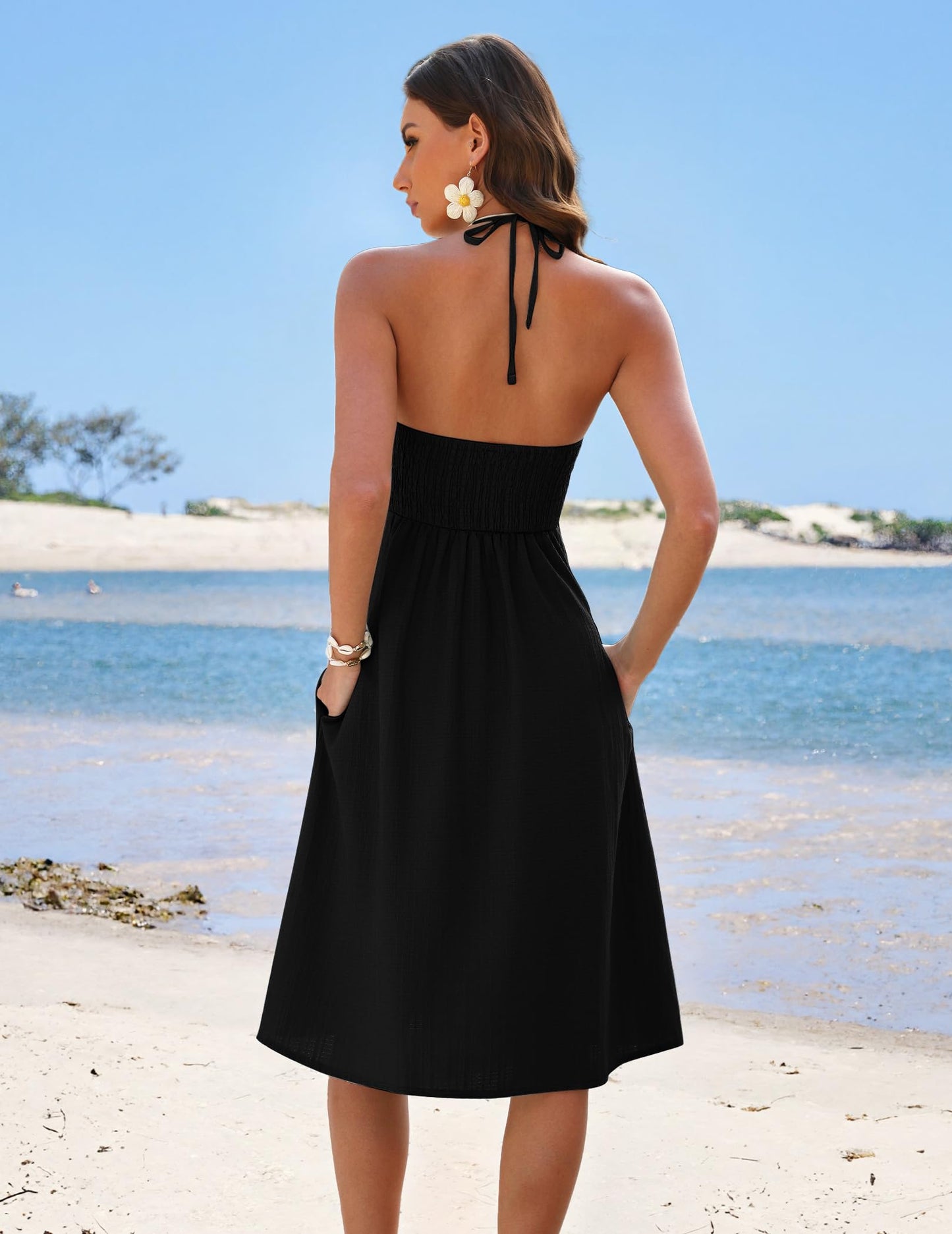 Zelroxa Women's Summer Halter Beach Vacation Midi Dress Backless Sleeveless A Line Flowy Ruffle Hem Side Slit Cutout Cami Dresses Sundresses with Pockets 2026 Trendy Outfits Black