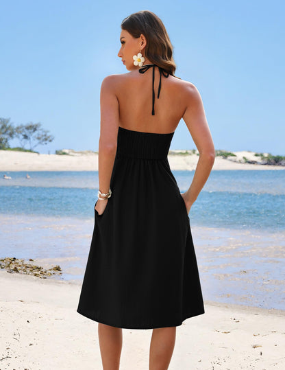 Zelroxa Women's Summer Halter Beach Vacation Midi Dress Backless Sleeveless A Line Flowy Ruffle Hem Side Slit Cutout Cami Dresses Sundresses with Pockets 2026 Trendy Outfits Black