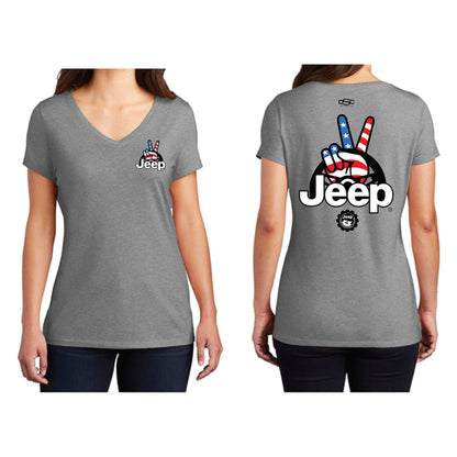 Jeep Ladies Wave USA V-Neck T-Shirt (Heather Grey, XXL)